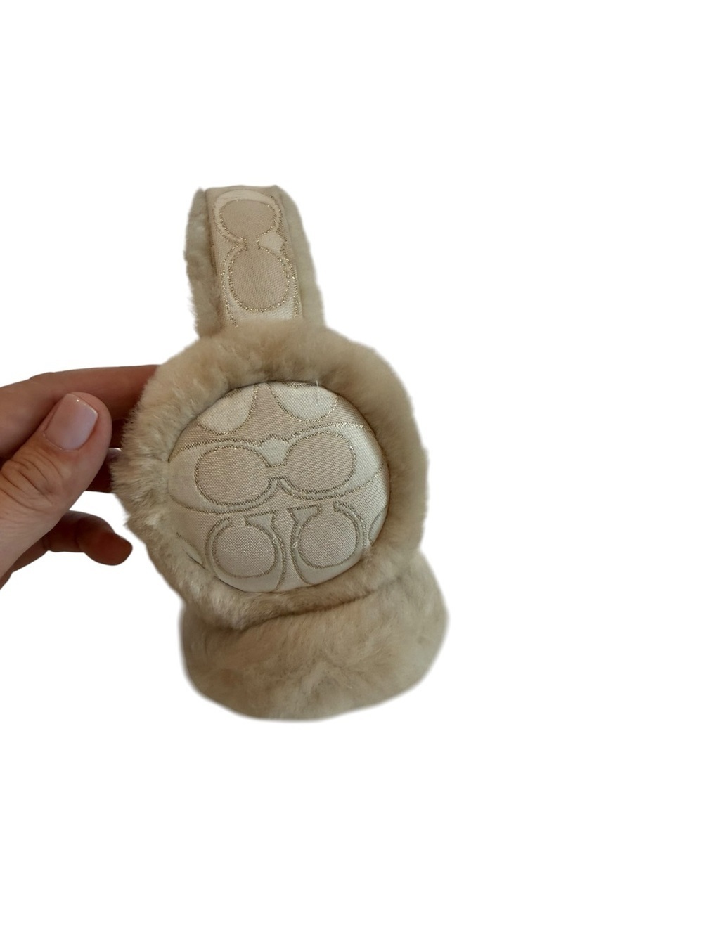 Coach Beige Shearling Logo Earmuffs